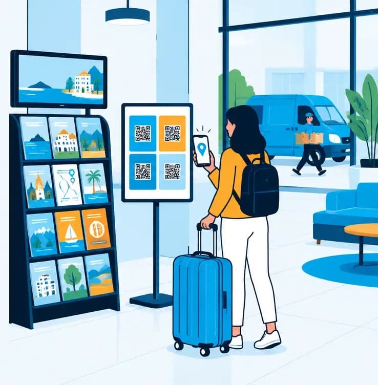 A lobby corner with a brochure rack and a digital header, a QR poster stand, a traveler with a phone, and a CTM van at the curb outside.