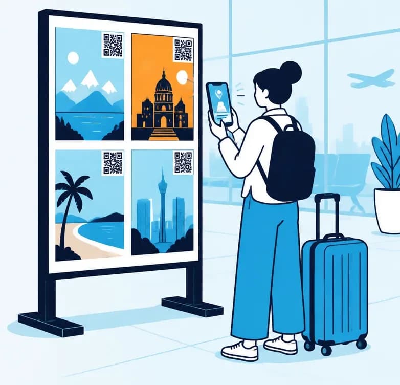 A traveler scanning the QR code on one space of a four-space poster on a lobby stand.